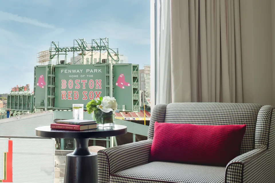 A Hotel Commonwealth room looking out at Fenway Park