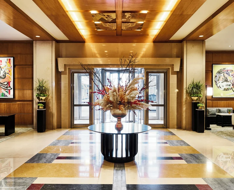 Mandarin Oriental, Boston lobby with marble floor and floral display via Expedia