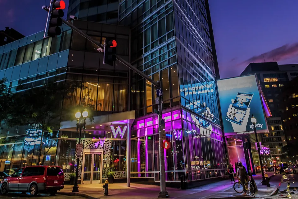 W Boston entrance on Stuart Street at night via Expedia