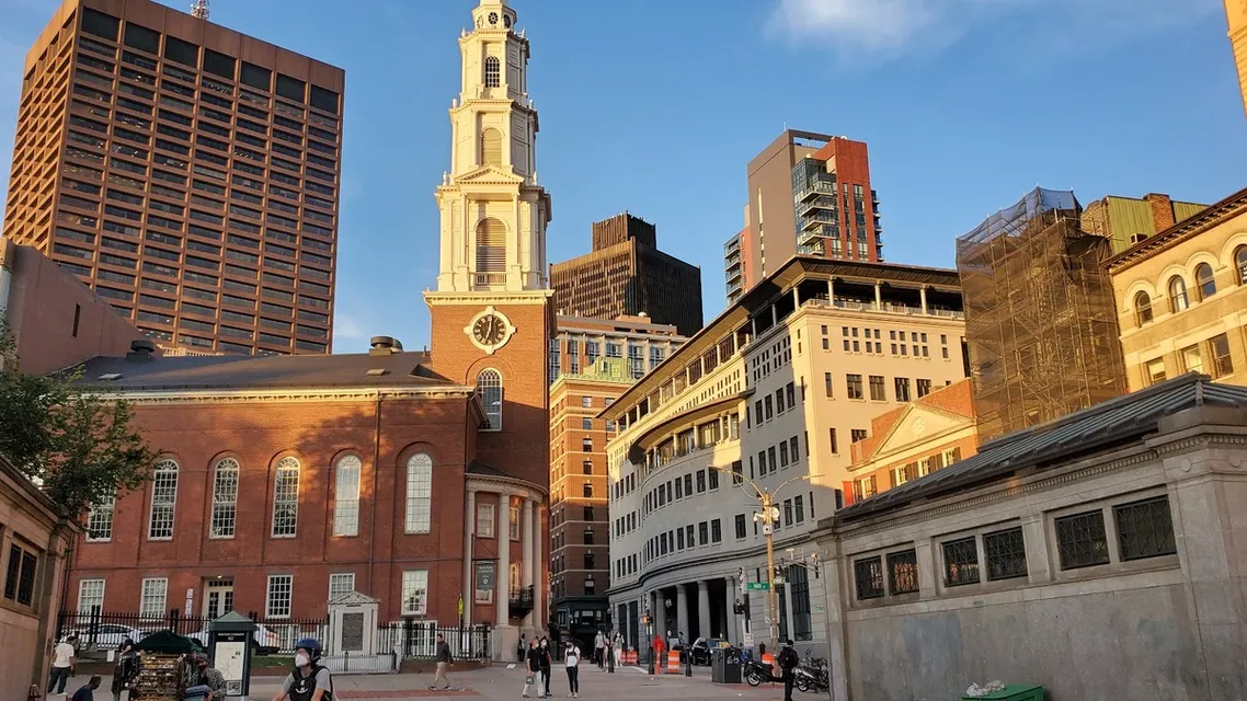 Park Street Church steeple beside the Park Street subway station entrance