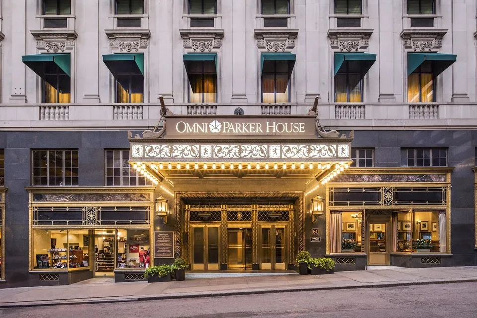 Gilded marquee and entrance of the historic Omni Parker House hotel